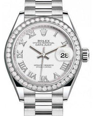 Rolex Lady Datejust 28 Platinum White Roman Dial & Smooth Domed Bezel President Bracelet 279136RBR