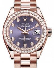 Rolex Lady Datejust 28 Rose Gold Aubergine Diamond Dial & Diamond Bezel President Bracelet 279135RBR