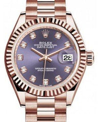 Rolex Lady Datejust 28 Rose Gold Aubergine Diamond Dial & Fluted Bezel President Bracelet 279175