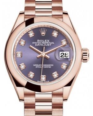 Rolex Lady Datejust 28 Rose Gold Aubergine Diamond Dial & Smooth Domed Bezel President Bracelet 279165
