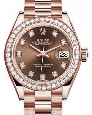 Rolex Lady Datejust 28 Rose Gold Chocolate Diamond Dial & Diamond Bezel President Bracelet 279135RBR