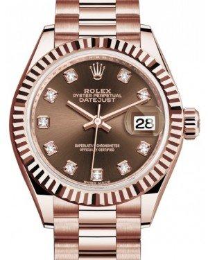 Rolex Lady Datejust 28 Rose Gold Chocolate Diamond Dial & Fluted Bezel President Bracelet 279175