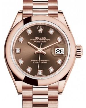 Rolex Lady Datejust 28 Rose Gold Chocolate Diamond Dial & Smooth Domed Bezel President Bracelet 279165