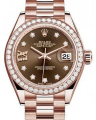 Rolex Lady Datejust 28 Rose Gold Chocolate Diamond IX Dial & Diamond Bezel President Bracelet 279135RBR