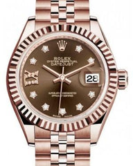 Rolex Lady Datejust 28 Rose Gold Chocolate Diamond IX Dial & Fluted Bezel Jubilee Bracelet 279175