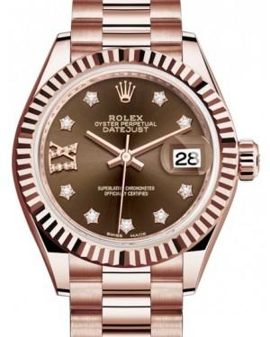 Rolex Lady Datejust 28 Rose Gold Chocolate Diamond IX Dial & Fluted Bezel President Bracelet 279175