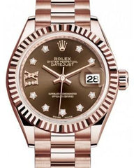 Rolex Lady Datejust 28 Rose Gold Chocolate Diamond IX Dial & Fluted Bezel President Bracelet 279175