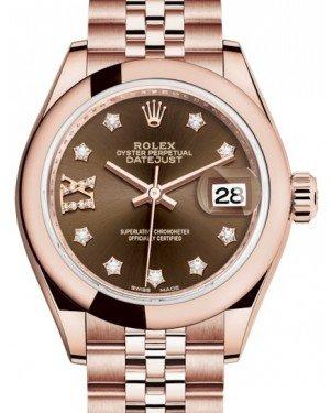 Rolex Lady Datejust 28 Rose Gold Chocolate Diamond IX Dial & Smooth Domed Bezel Jubilee Bracelet 279165