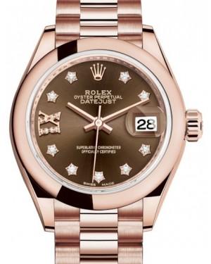 Rolex Lady Datejust 28 Rose Gold Chocolate Diamond IX Dial & Smooth Domed Bezel President Bracelet 279165