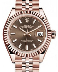 Rolex Lady Datejust 28 Rose Gold Chocolate Index Dial & Fluted Bezel Jubilee Bracelet 279175