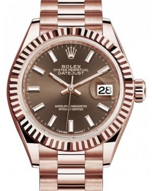 Rolex Lady Datejust 28 Rose Gold Chocolate Index Dial & Fluted Bezel President Bracelet 279175
