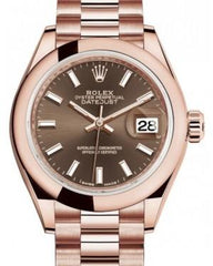 Rolex Lady Datejust 28 Rose Gold Chocolate Index Dial & Smooth Domed Bezel President Bracelet 279165