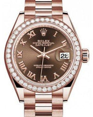 Rolex Lady Datejust 28 Rose Gold Chocolate Roman Dial & Diamond Bezel President Bracelet 279135RBR