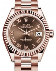 Rolex Lady Datejust 28 Rose Gold Chocolate Roman Dial & Fluted Bezel President Bracelet 279175