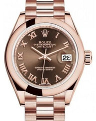 Rolex Lady Datejust 28 Rose Gold Chocolate Roman Dial & Smooth Domed Bezel President Bracelet 279165