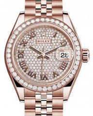 Rolex Lady Datejust 28 Rose Gold Diamond Paved Roman Dial & Diamond Bezel Jubilee Bracelet 279135RBR
