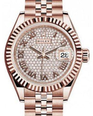 Rolex Lady Datejust 28 Rose Gold Diamond Paved Roman Dial & Fluted Bezel Jubilee Bracelet 279175