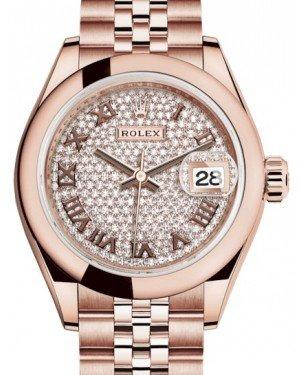 Rolex Lady Datejust 28 Rose Gold Diamond Paved Roman Dial & Smooth Domed Bezel Jubilee Bracelet 279165