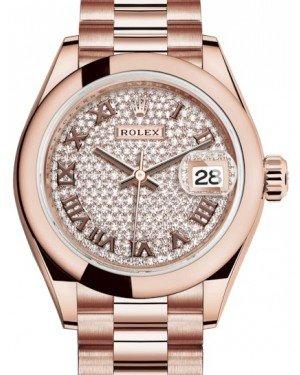 Rolex Lady Datejust 28 Rose Gold Diamond Paved Roman Dial & Smooth Domed Bezel President Bracelet 279165