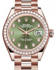 Rolex Lady Datejust 28 Rose Gold Olive Green Diamond Dial & Diamond Bezel President Bracelet 279135RBR