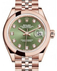 Rolex Lady Datejust 28 Rose Gold Olive Green Diamond Dial & Smooth Domed Bezel Jubilee Bracelet 279165