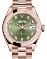 Rolex Lady Datejust 28 Rose Gold Olive Green Diamond Dial & Smooth Domed Bezel President Bracelet 279165