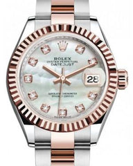 Rolex Lady Datejust 28 Rose Gold/Steel White Mother of Pearl Diamond Dial & Fluted Bezel Oyster Bracelet 279171 - NEW