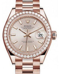 Rolex Lady Datejust 28 Rose Gold Sundust Index Dial & Diamond Bezel President Bracelet 279135RBR