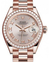 Rolex Lady Datejust 28 Rose Gold Sundust Roman Dial & Diamond Bezel President Bracelet 279135RBR