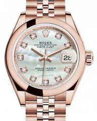 Rolex Lady Datejust 28 Rose Gold White Mother of Pearl Diamond Dial & Smooth Domed Bezel Jubilee Bracelet 279165