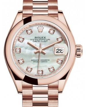 Rolex Lady Datejust 28 Rose Gold White Mother of Pearl Diamond Dial & Smooth Domed Bezel President Bracelet 279165