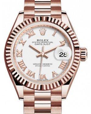Rolex Lady Datejust 28 Rose Gold White Roman Dial & Fluted Bezel President Bracelet 279175