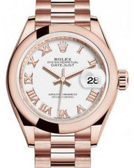 Rolex Lady Datejust 28 Rose Gold White Roman Dial & Smooth Domed Bezel President Bracelet 279165