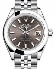 Rolex Lady Datejust 28 Stainless Steel Dark Grey Index Dial & Smooth Domed Bezel Jubilee Bracelet 279160