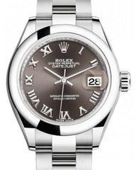 Rolex Lady Datejust 28 Stainless Steel Dark Grey Roman Dial & Smooth Domed Bezel Oyster Bracelet 279160