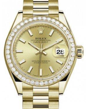 Rolex Lady Datejust 28 Yellow Gold Champagne Index Dial & Diamond Bezel President Bracelet 279138RBR