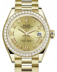 Rolex Lady Datejust 28 Yellow Gold Champagne Roman Dial & Diamond Bezel President Bracelet 279138RBR