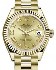 Rolex Lady Datejust 28 Yellow Gold Champagne Roman Dial & Fluted Bezel President Bracelet 279178