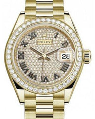 Rolex Lady Datejust 28 Yellow Gold Diamond Paved Roman Dial & Diamond Bezel President Bracelet 279138RBR