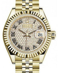 Rolex Lady Datejust 28 Yellow Gold Diamond Paved Roman Dial & Fluted Bezel Jubilee Bracelet 279178