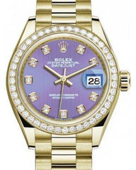 Rolex Lady Datejust 28 Yellow Gold Lavender Diamond Dial & Diamond Bezel President Bracelet 279138RBR