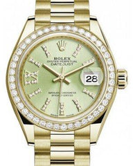 Rolex Lady Datejust 28 Yellow Gold Linden Diamond Index/Roman IX Dial & Diamond Bezel President Bracelet 279138RBR