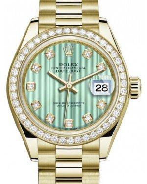 Rolex Lady Datejust 28 Yellow Gold Mint Green Diamond Dial & Diamond Bezel President Bracelet 279138RBR