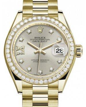 Rolex Lady Datejust 28 Yellow Gold Silver Diamond IX Dial & Diamond Bezel President Bracelet 279138RBR
