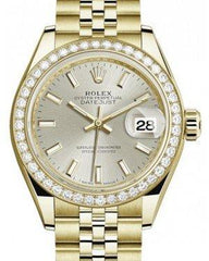 Rolex Lady Datejust 28 Yellow Gold Silver Index Dial & Diamond Bezel Jubilee Bracelet 279138RBR