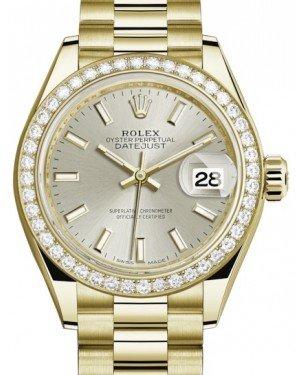 Rolex Lady Datejust 28 Yellow Gold Silver Index Dial & Diamond Bezel President Bracelet 279138RBR