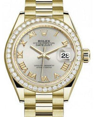 Rolex Lady Datejust 28 Yellow Gold Silver Roman Dial & Diamond Bezel President Bracelet 279138RBR