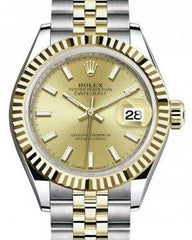 Rolex Lady Datejust 28 Yellow Gold/Steel Champagne Index Dial & Fluted Bezel Jubilee Bracelet 279173