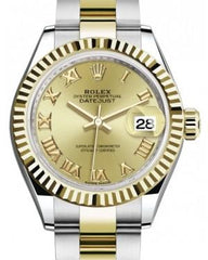 Rolex Lady Datejust 28 Yellow Gold/Steel Champagne Roman Dial & Fluted Bezel Oyster Bracelet 279173