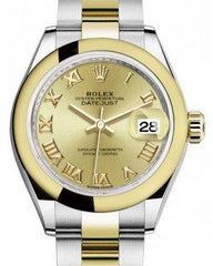 Rolex Lady Datejust 28 Yellow Gold/Steel Champagne Roman Dial & Smooth Domed Bezel Oyster Bracelet 279163
